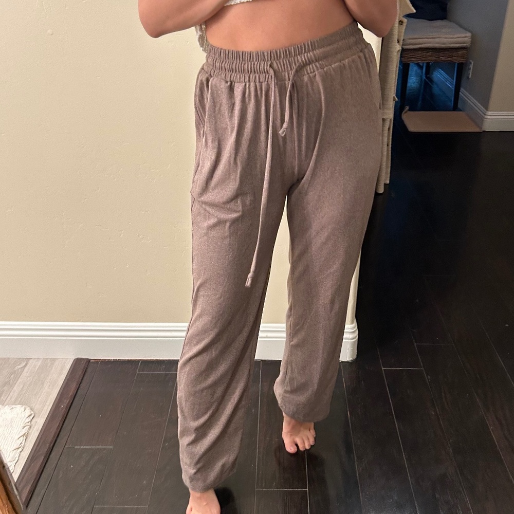 Brown Lounge Pants Small Drawstring Waist Pockets Stretch Straight Leg